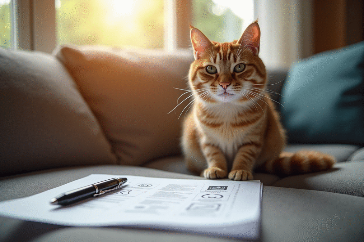Chat heureux sur un canapé avec document d'assurance