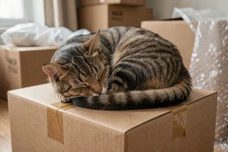 Chat roux endormi sur des cartons de déménagement dans un appartement en cours d'installation