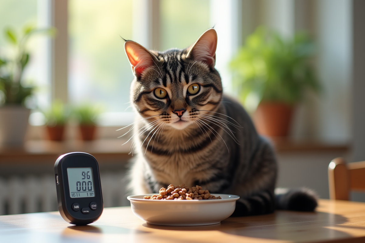 Chat gris assis près d un glucomètre et d une nourriture saine