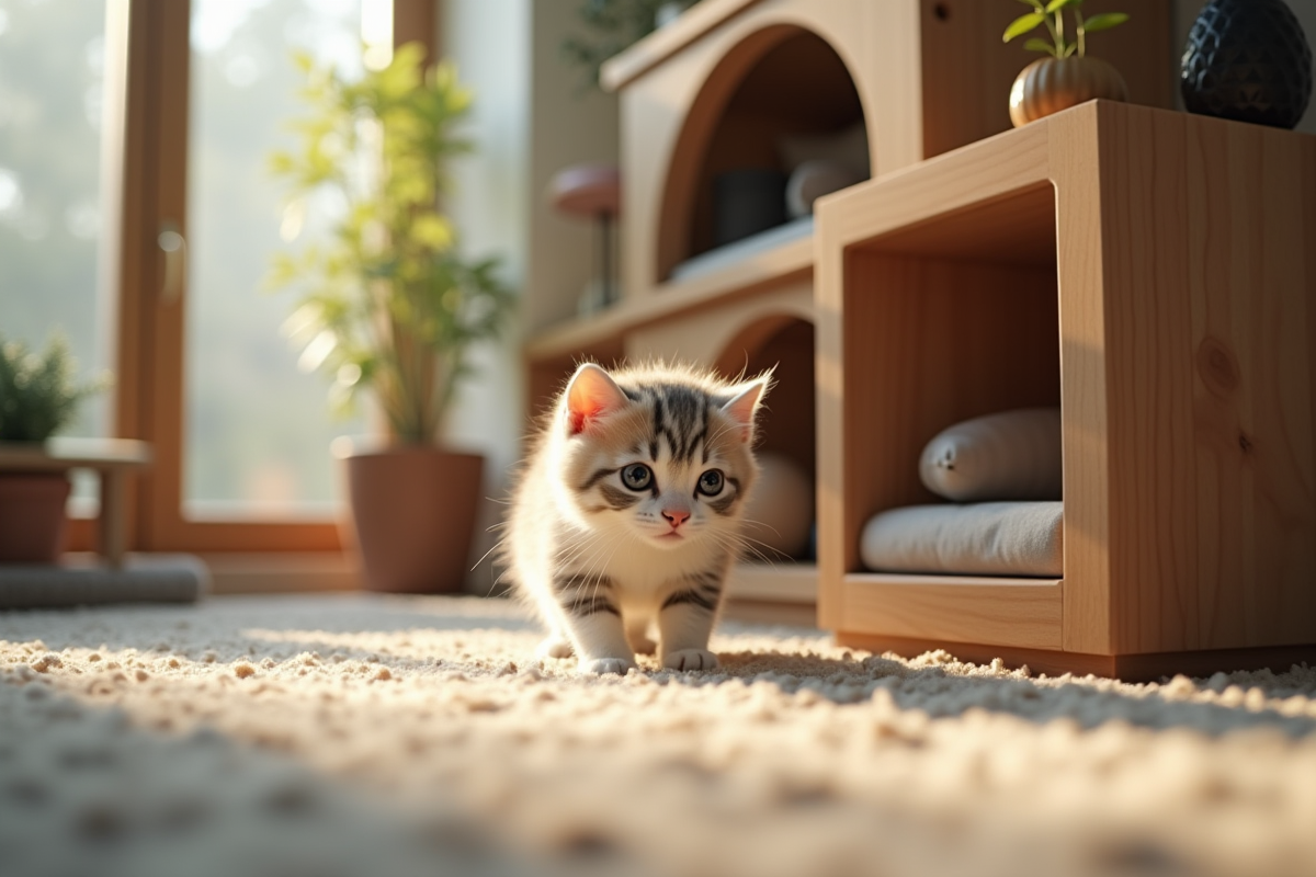 Chat nain explorant un appartement moderne avec espaces à sa taille