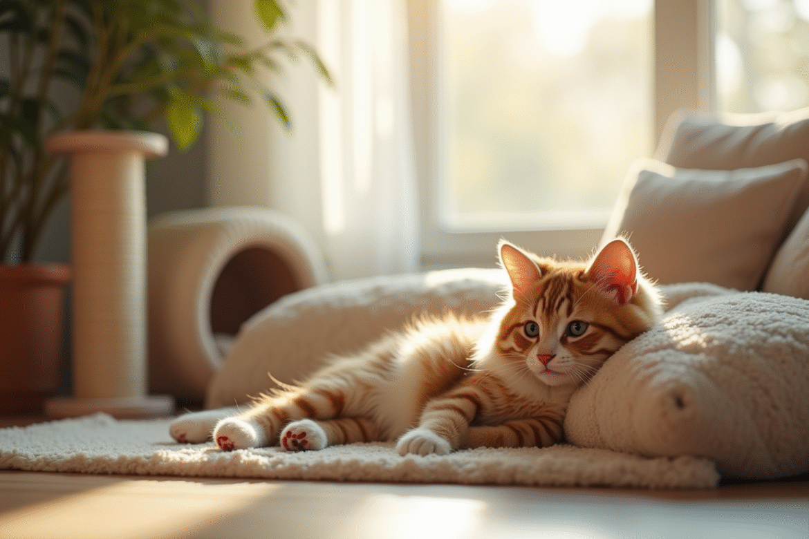 Chat nain confortablement installé dans un salon lumineux