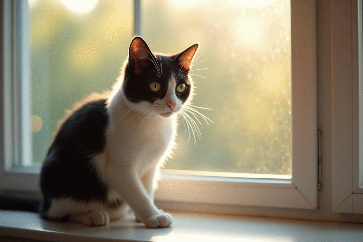 Chat noir et blanc sur une fenêtre ensoleillée