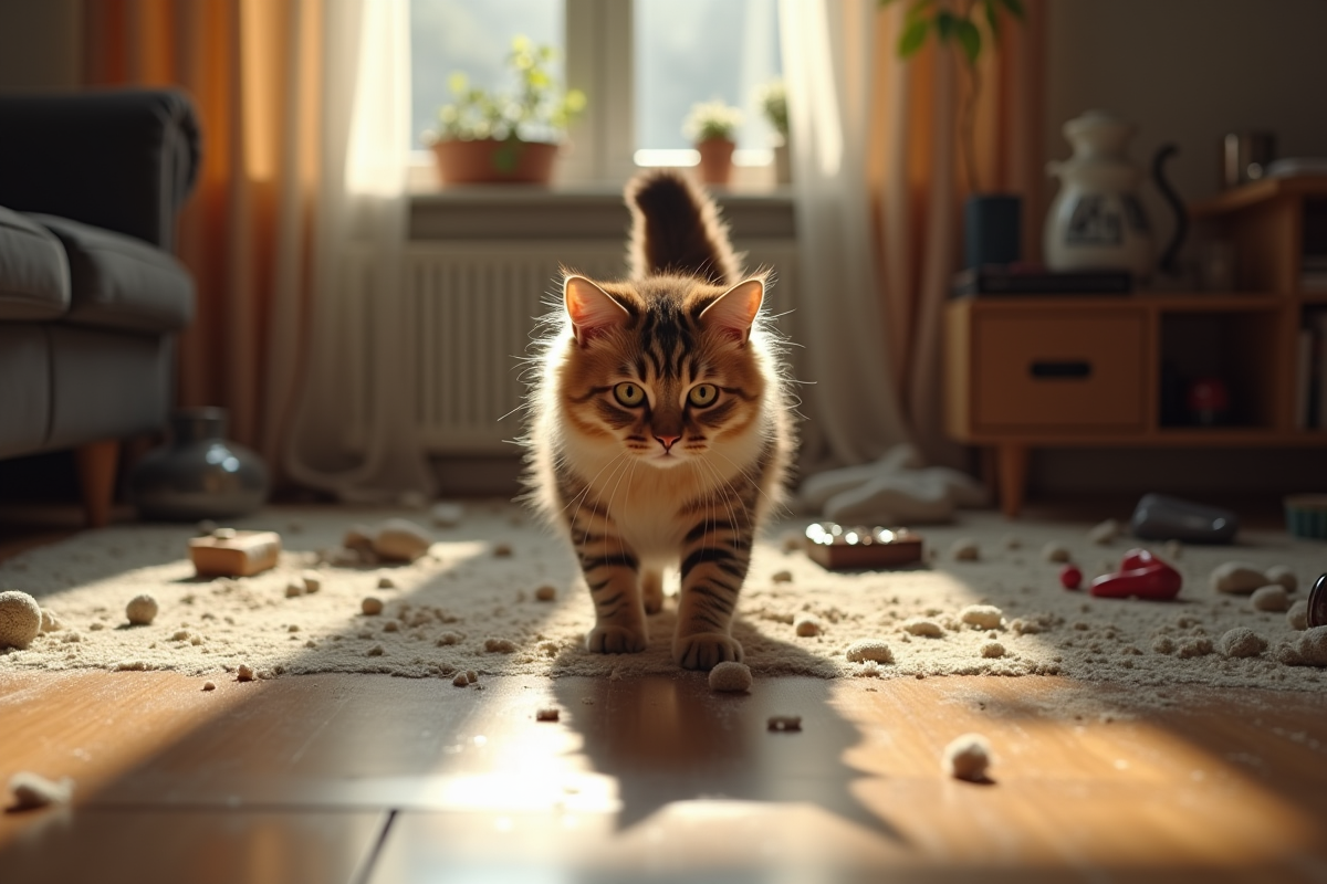 Chat fluffy marchant dans un salon en désordre avec empreintes