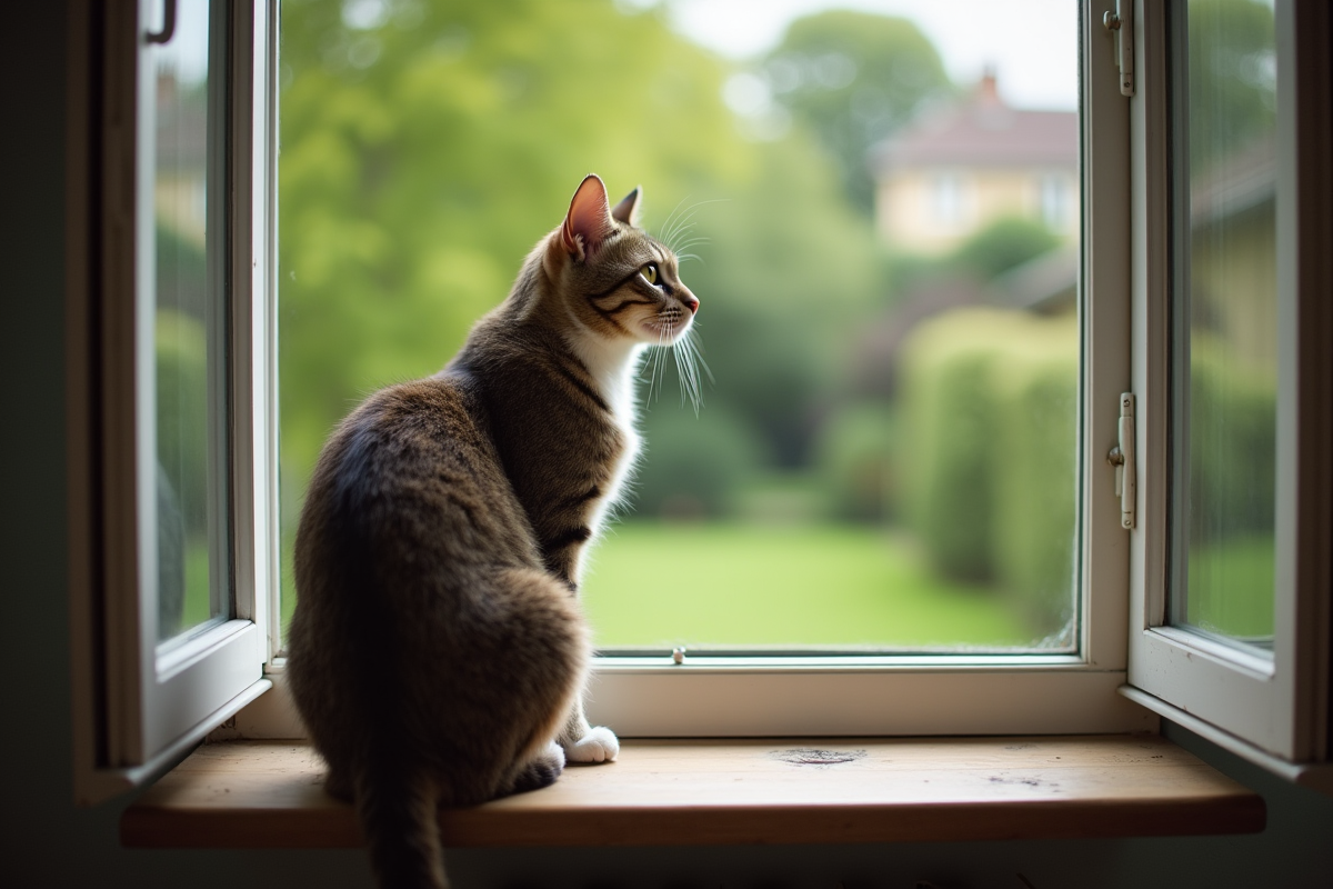 Chat assis sur une fenêtre regardant un jardin paisible
