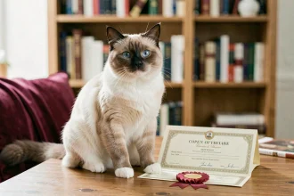 Chat sacré de Birmanie posé près d'un certificat de pedigree officiel, illustrant les différences entre un chat de compagnie et un chat de reproduction