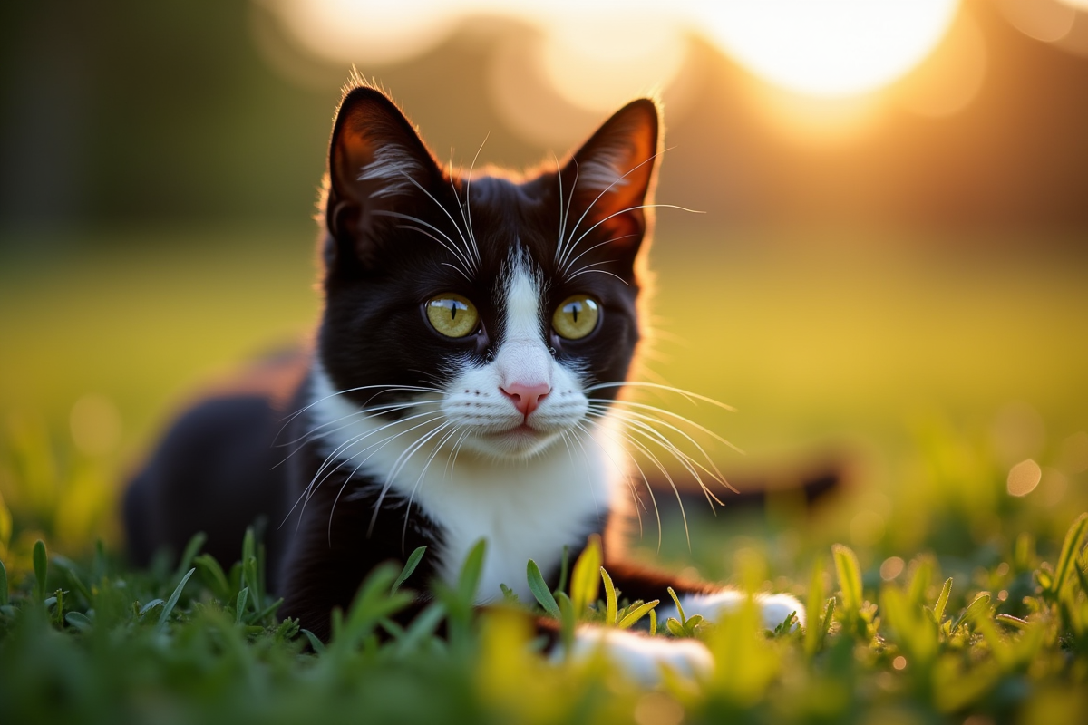 Chat noir et blanc sur des portes ensoleillées