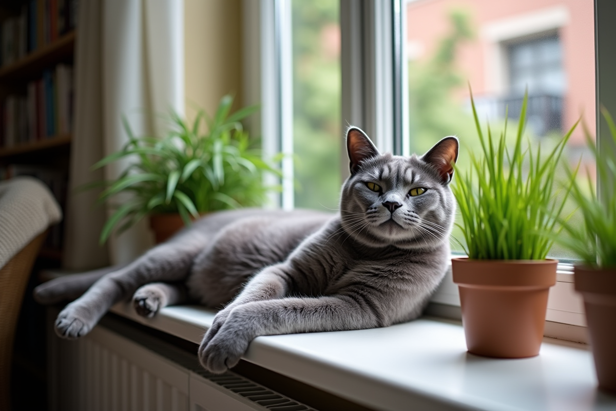 Chat gris étendu sur une fenêtre avec plantes vertes
