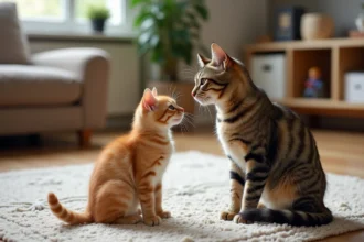 Chat adulte tigré et petit chaton ginger sur tapis intérieur