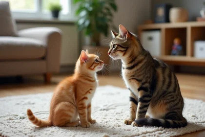 Chat adulte tigré et petit chaton ginger sur tapis intérieur