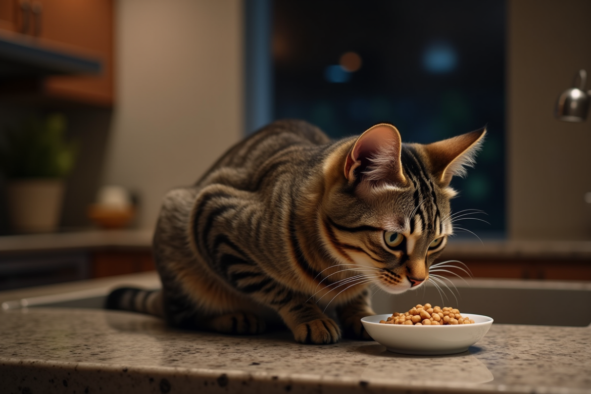 Chat tabby élégant mange dans une cuisine moderne la nuit