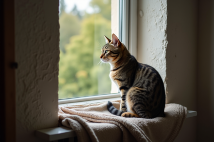 Chat tabby âgé regardant par la fenêtre dans une ambiance paisible
