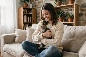 Jeune femme tenant un chaton de 3 mois dans son appartement à Rennes, ambiance chaleureuse et naturelle