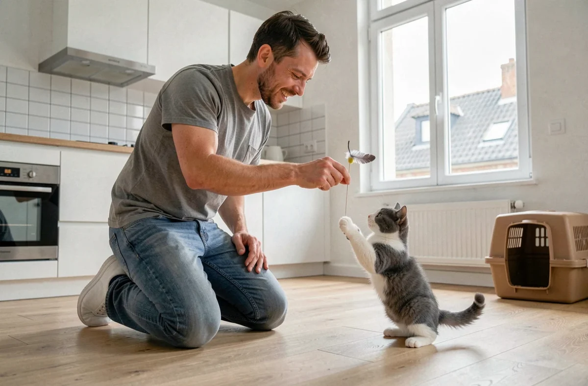 Homme jouant avec un chaton gris de 3 mois dans un appartement de Rennes, scène de jeu naturelle