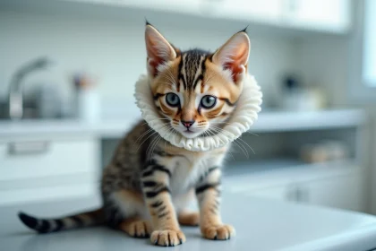 Chaton tigré portant une collerette douce en tissu posé calmement sur une table vétérinaire