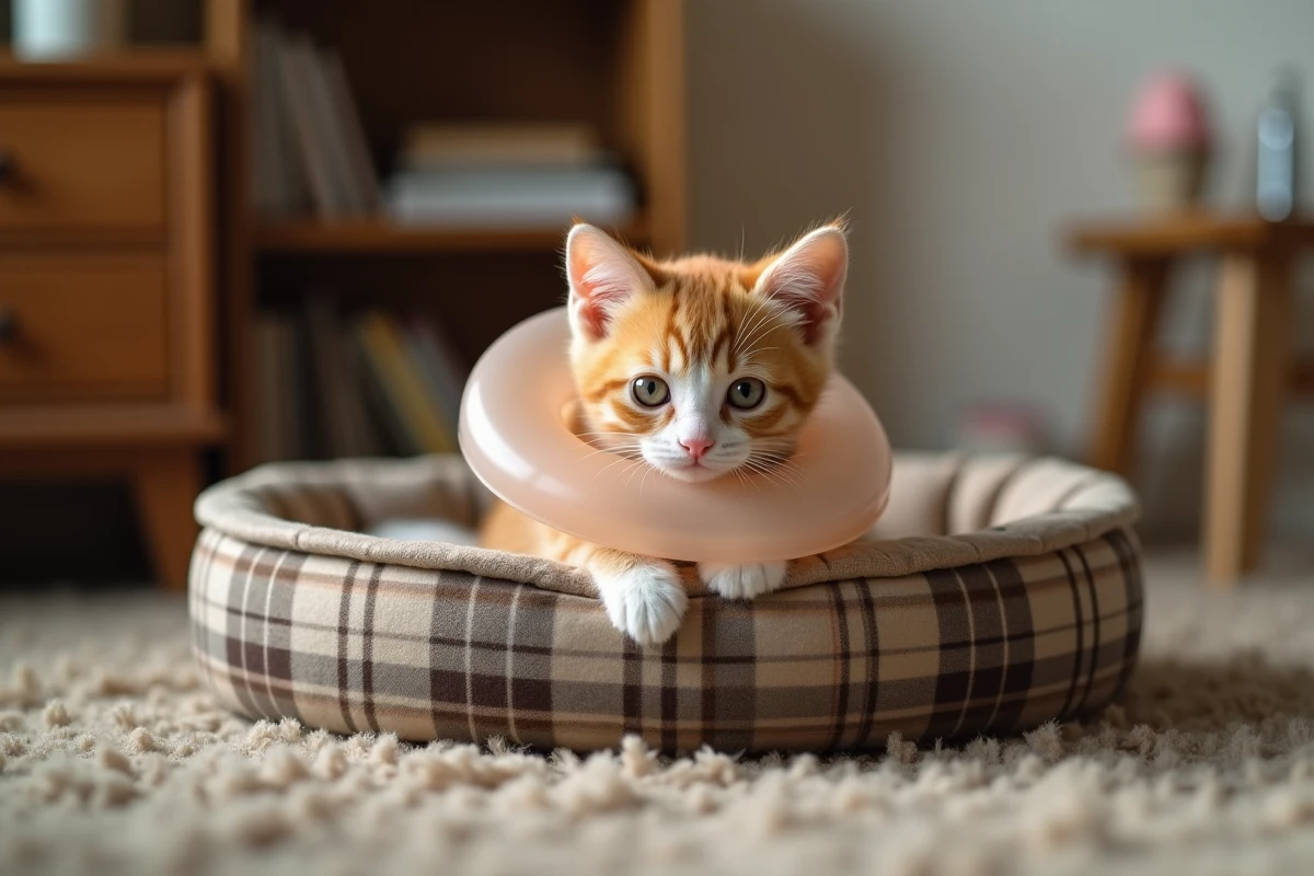 Chaton roux et blanc portant un collier gonflable de récupération dans un panier douillet à la maison