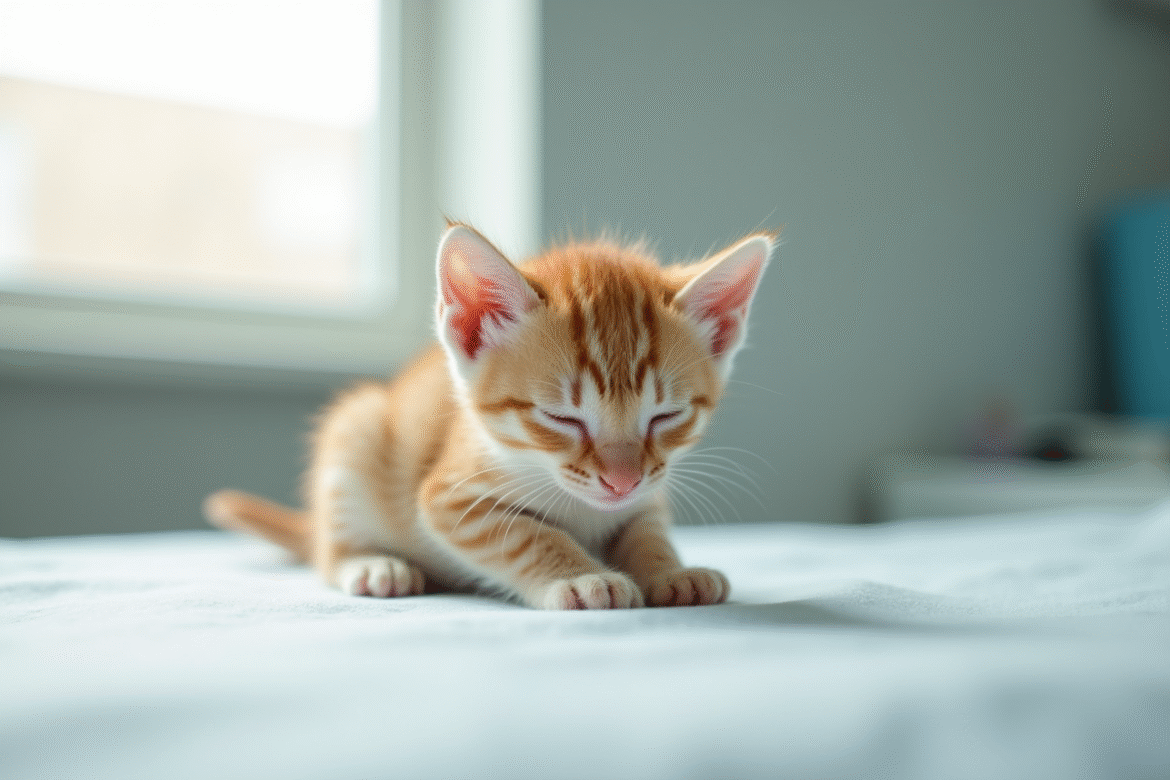 Petit chaton endormi sur une table de vétérinaire blanche