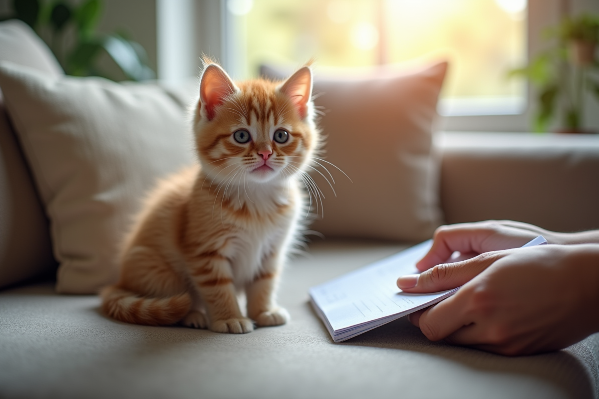 Chaton curieux dans le salon avec un carnet de sante
