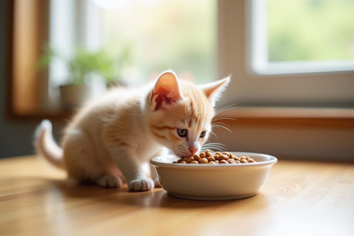 Petit chaton mangeant de la nourriture douce dans un bol en céramique