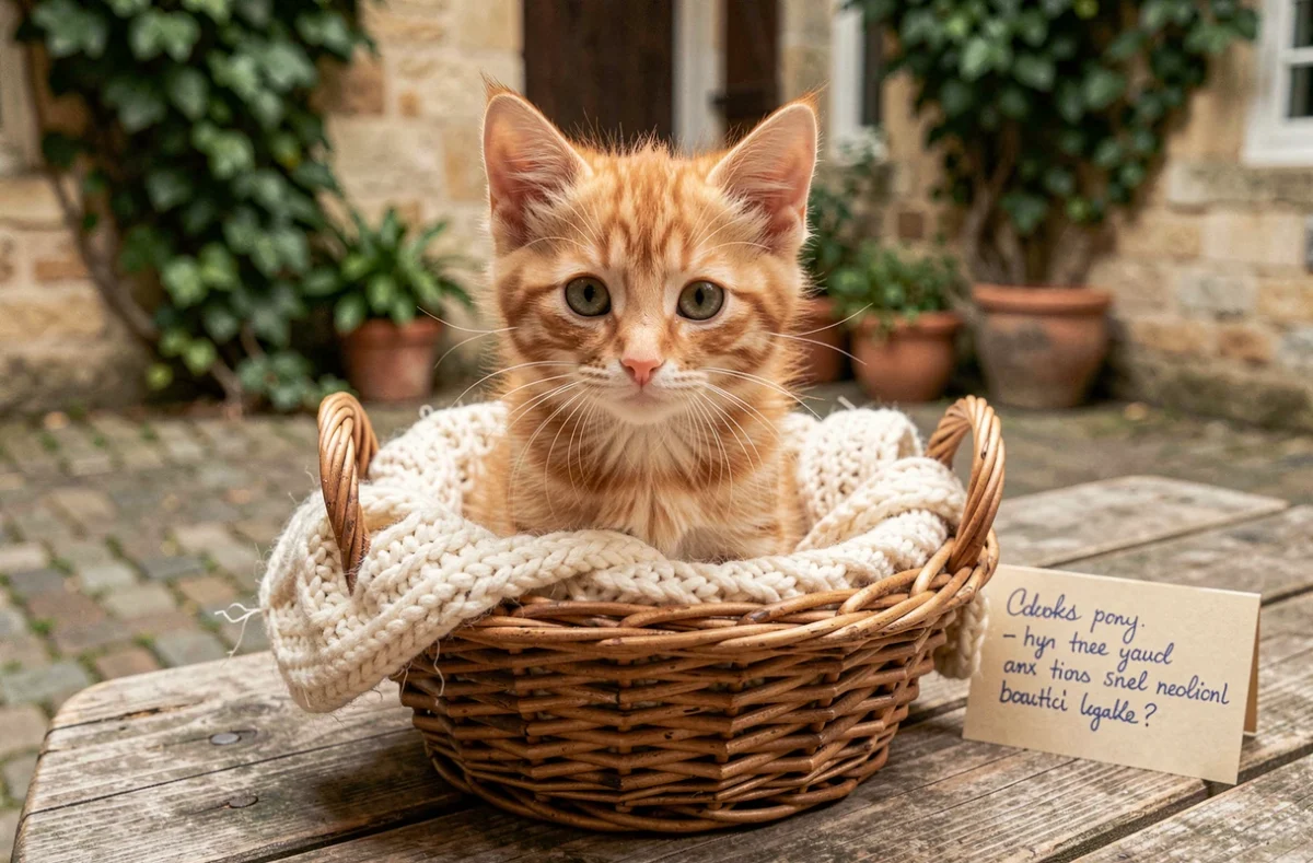 Chaton roux de 3 mois à donner dans un panier en osier dans une cour bretonne à Rennes