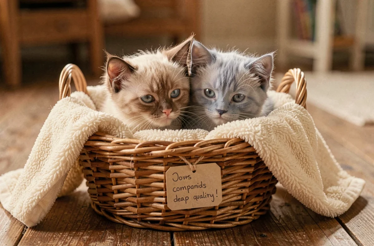 Deux chatons sacrés de Birmanie aux robes seal-point et blue-point dans un panier, symbolisant le choix entre chaton de compagnie et chaton de reproduction