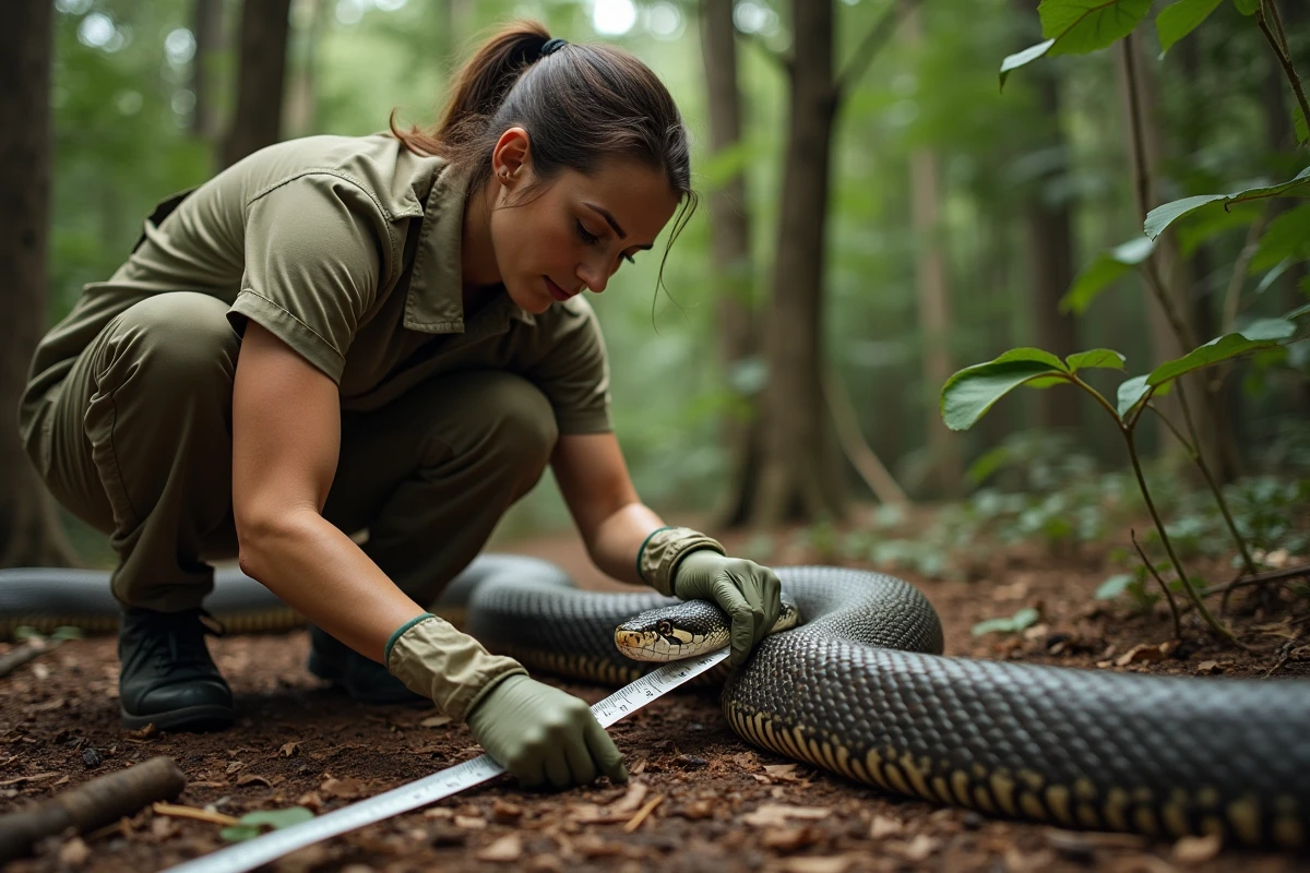 Une chercheuse en herpétologie mesurant la longueur impressionnante d'un python réticulé géant allongé sur le sol d'une forêt tropicale