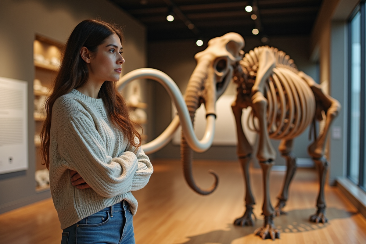 Jeune chercheuse devant un squelette de mammouth au musée
