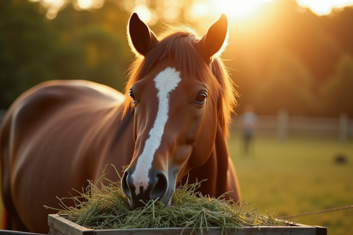 Cheval bien soigné mangeant du foin vert en paddock ensoleille