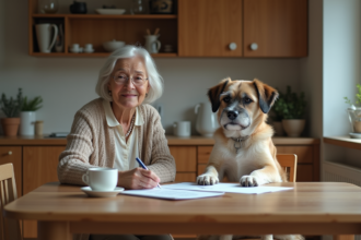 Chien âgé et femme lisant des papiers dans la cuisine