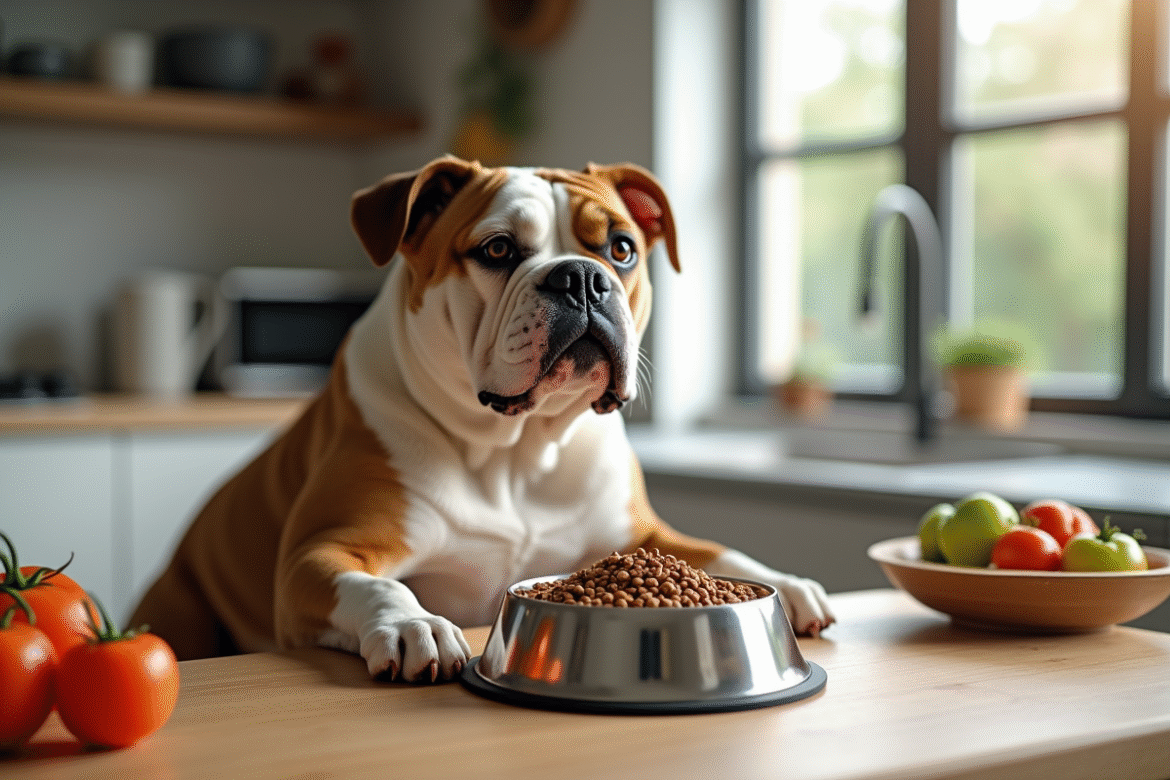 American Bulldog assis dans une cuisine moderne avec nourriture saine