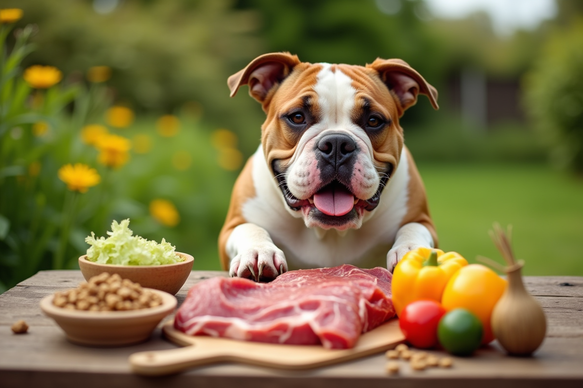 American Bulldog joueur dans le jardin avec nourriture naturelle