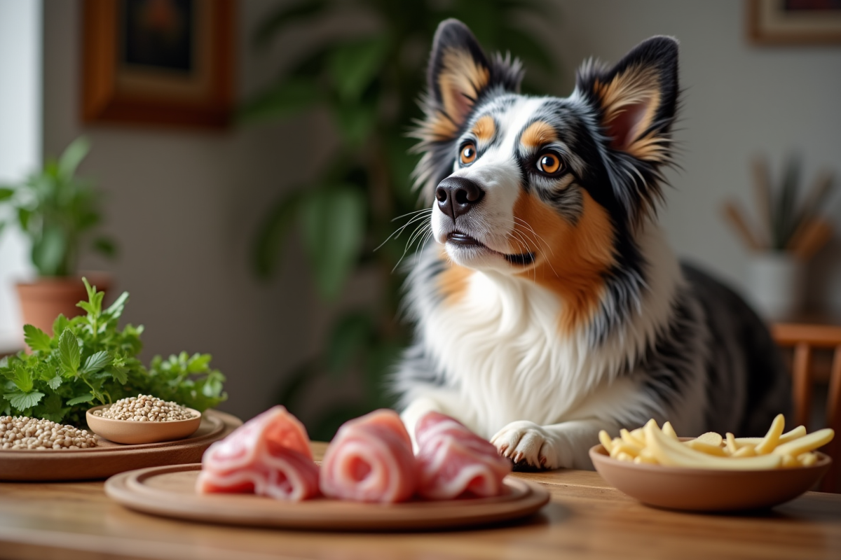 Chien Australian Shepherd regardant son maître préparer un repas équilibré
