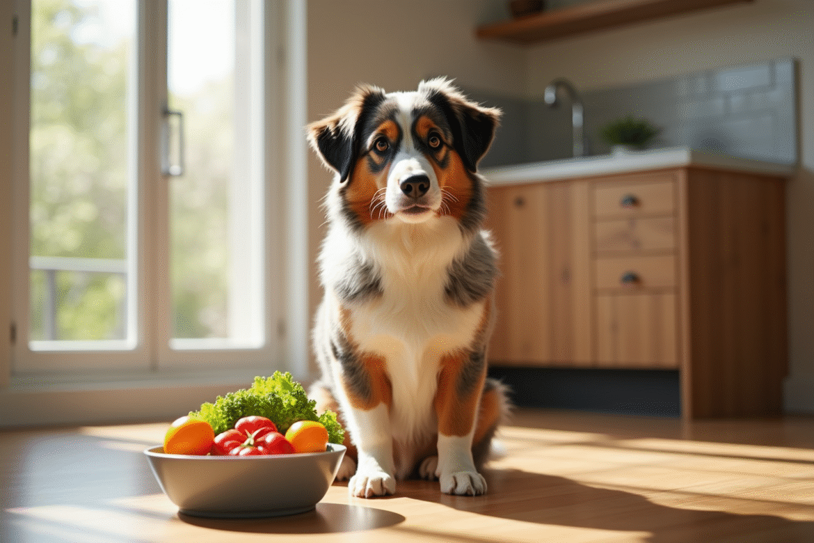 Chien australien shepherd assis attentivement dans la cuisine