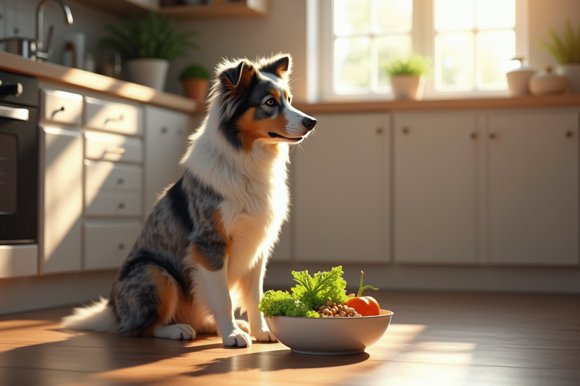 Chien Australian Shepherd merle assis près d'un bol de légumes et croquettes