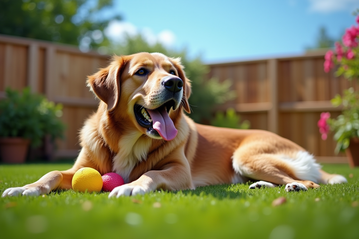 Grand chien relaxant dans un jardin ensoleille