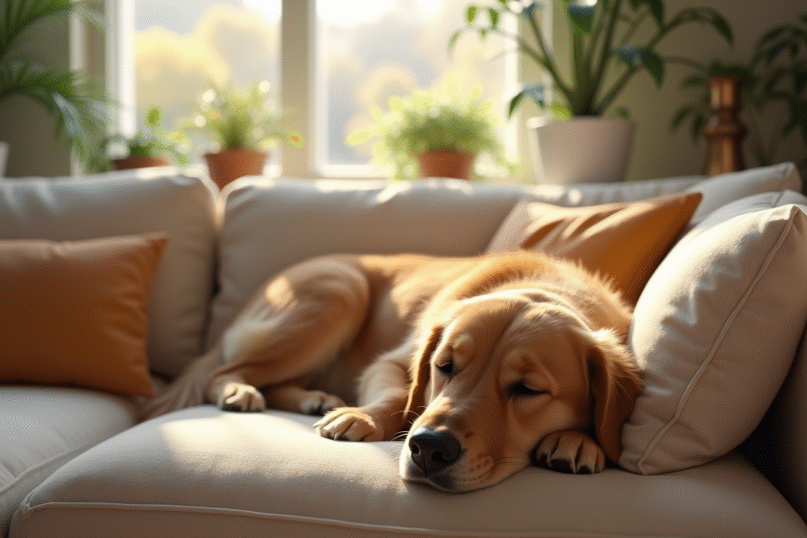 Chien golden retriever endormi dans un salon cosy
