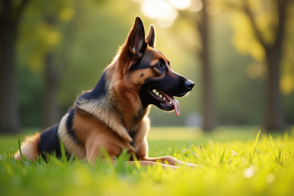 Chien berger allemand et Newfoundland assis dans un parc ensoleille