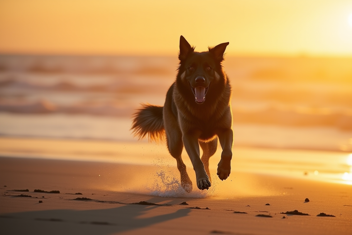 Chien hybride berger allemand Newfoundland courant sur la plage au coucher de soleil