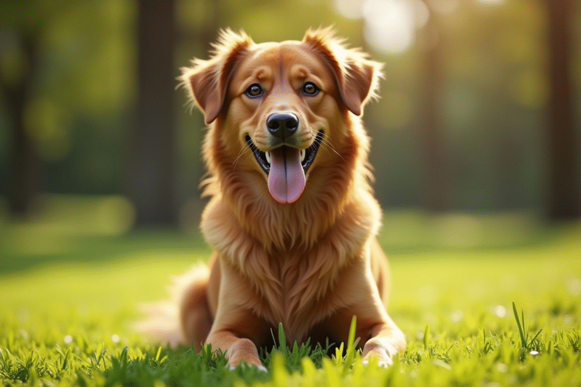 Chien mâle heureux au pelage brun brillant dans un parc ensoleille