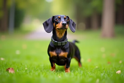 Chien miniature dachshund debout dans un parc calme