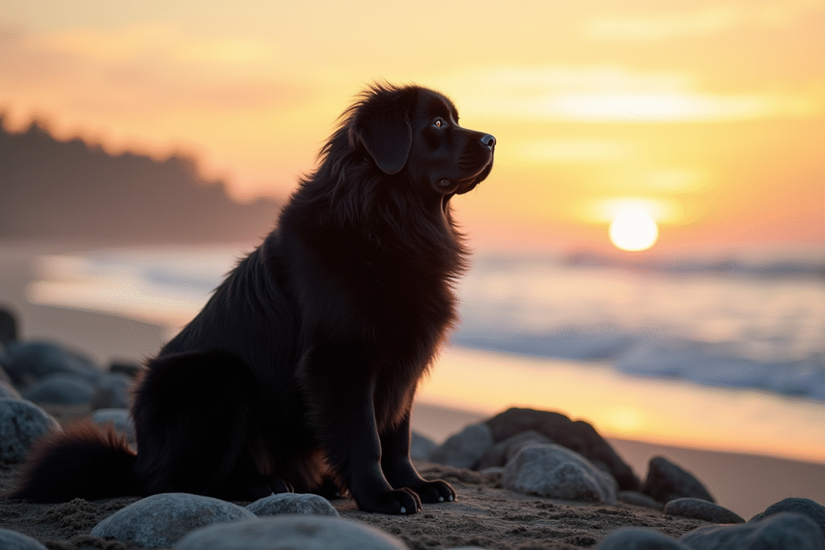 Chien Newfoundland assis sur la plage au lever du soleil