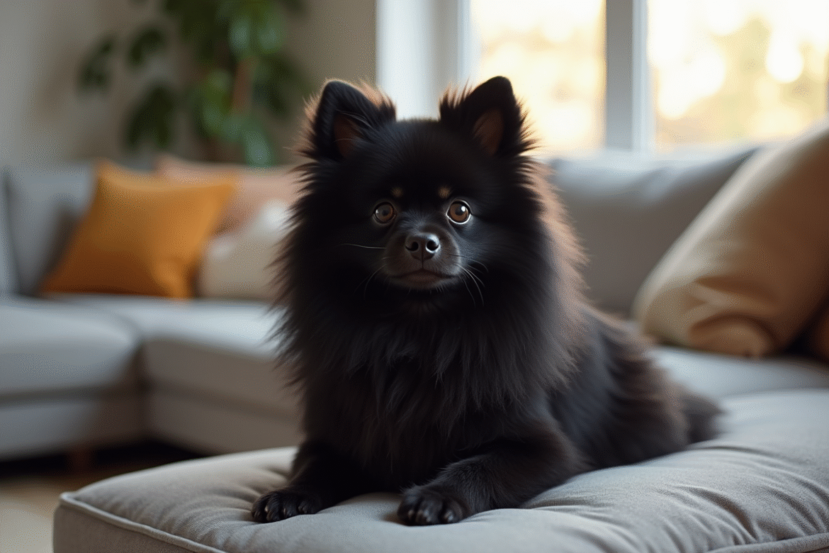 Pomeranian noir assis sur un canapé dans un salon moderne