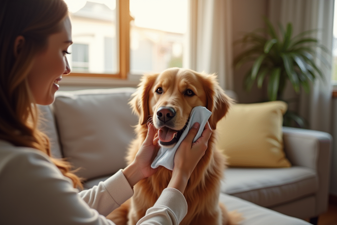 Chien retriever heureux sur le canapé avec une femme soignante