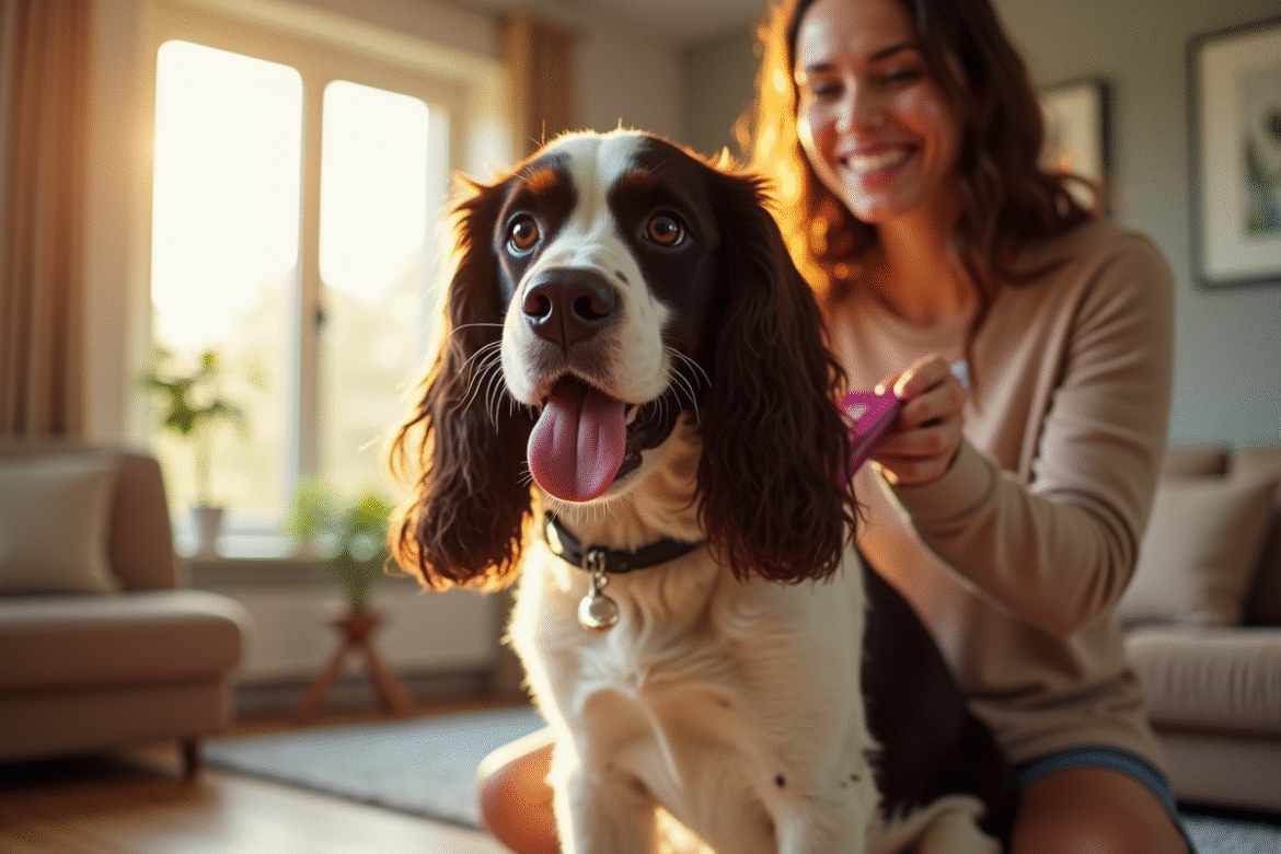 Chien Springer Spaniel heureux brossé dans un salon lumineux