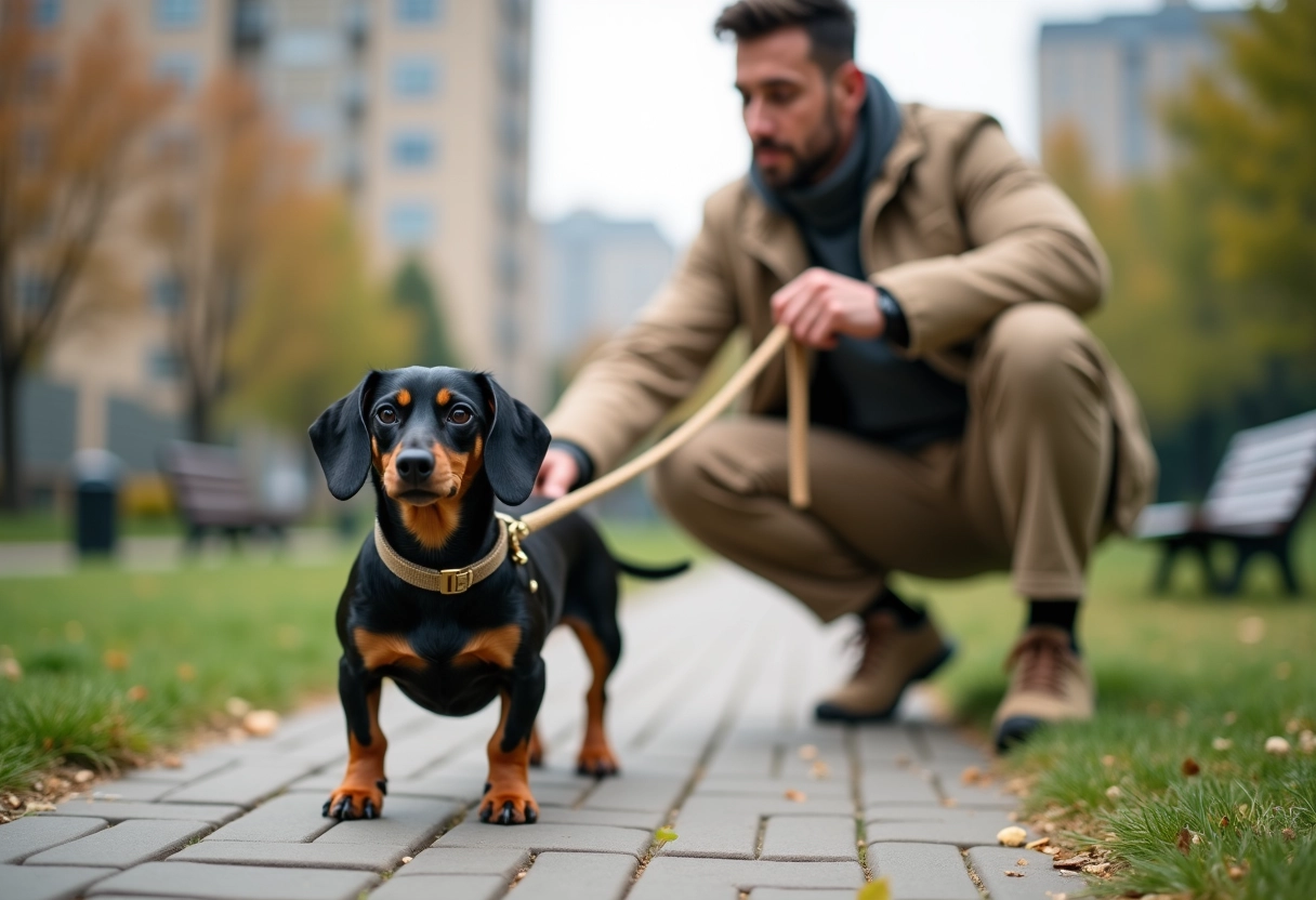 Chien teckel inquiet avec jeune homme dans parc urbain