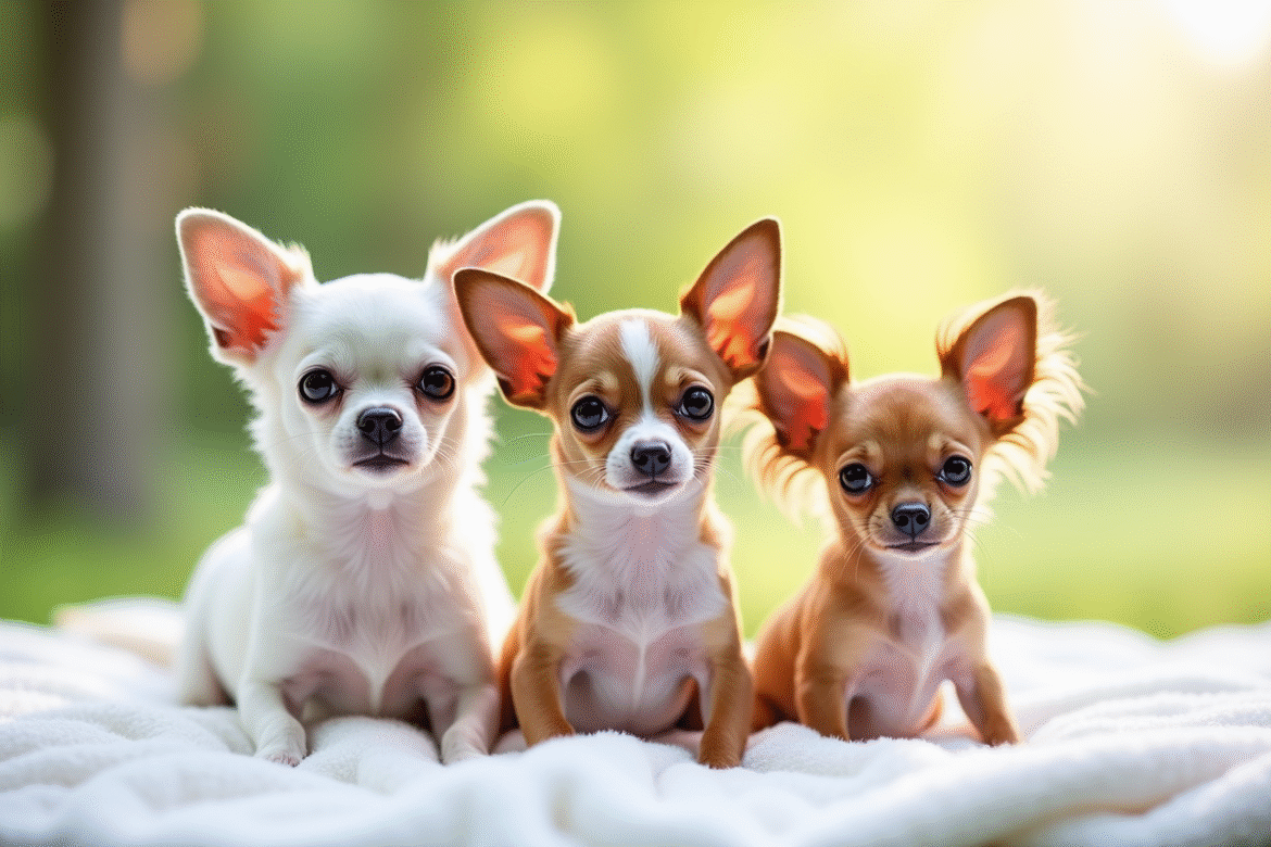 Chihuahua papillon et standard posant sur une couverture blanche