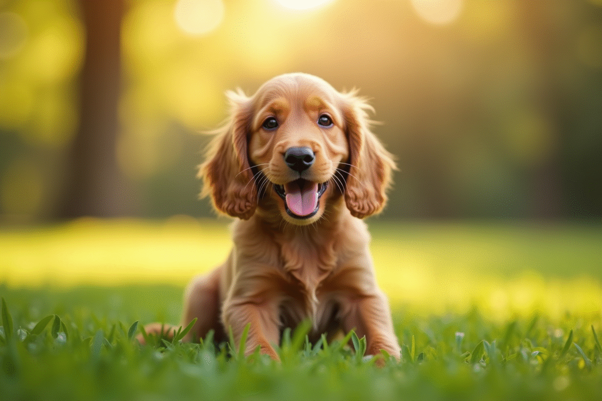 Chiot cocker americain joyeux dans un parc ensoleille
