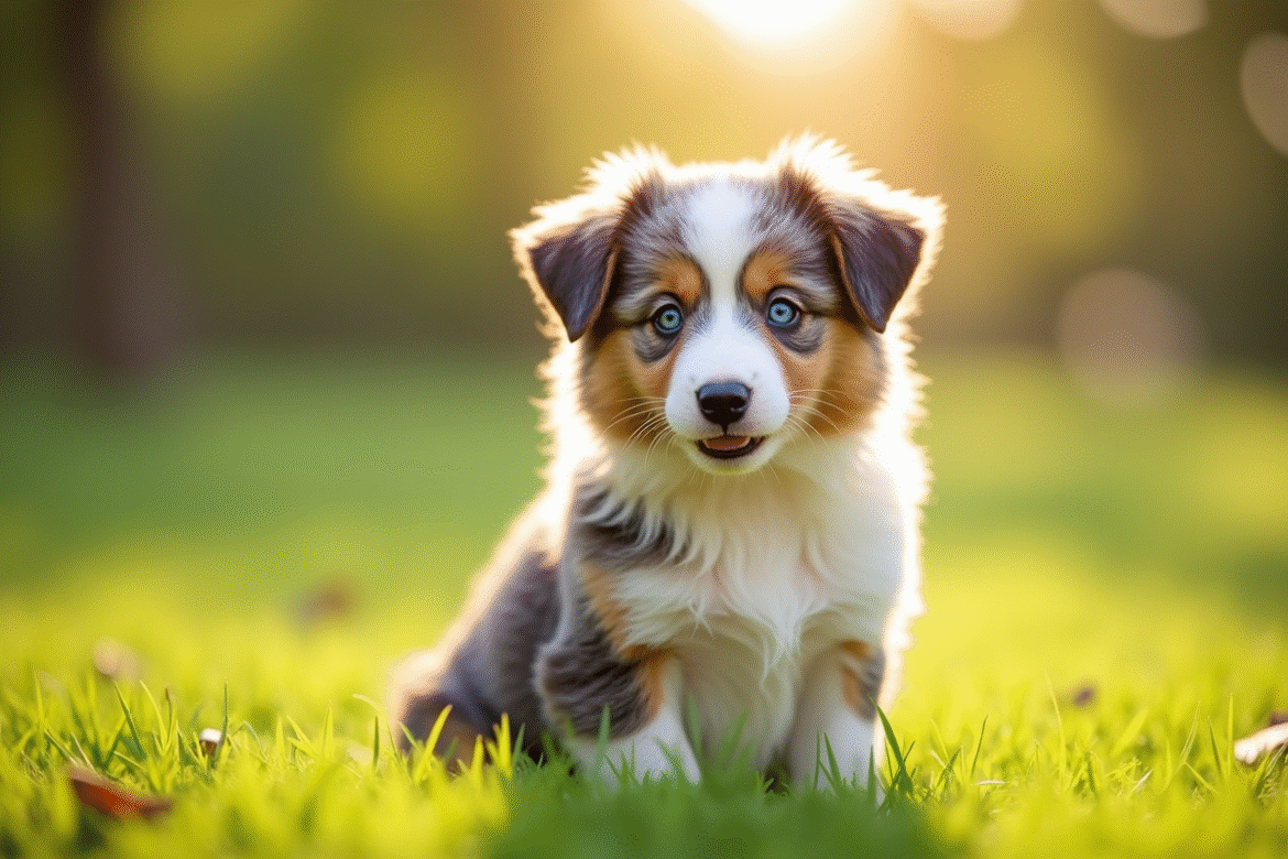 Chiot Australian Shepherd assis dans un parc ensoleille