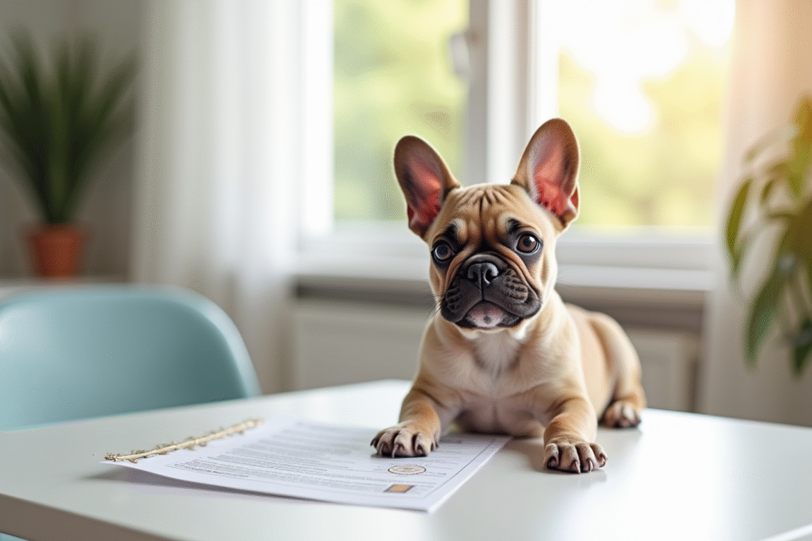 Chiot bulldog français sur une table blanche avec documents