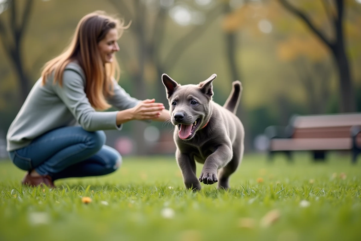 Chiot Cane Corso jouant dans un parc urbain
