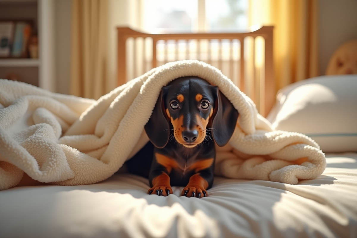 Petit chien dachshund emmêlé dans une couverture sur un lit ensoleillé